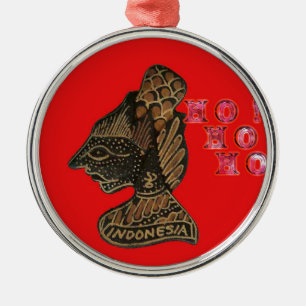 Indonesi Shadow Puppet Hohoho Design on Red canvas Metal Tree Decoration
