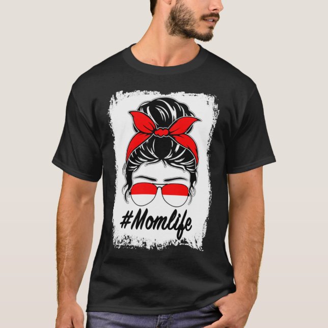 Indonesia Flag Indonesian Mum Messy Bun Mum Life T-Shirt (Front)