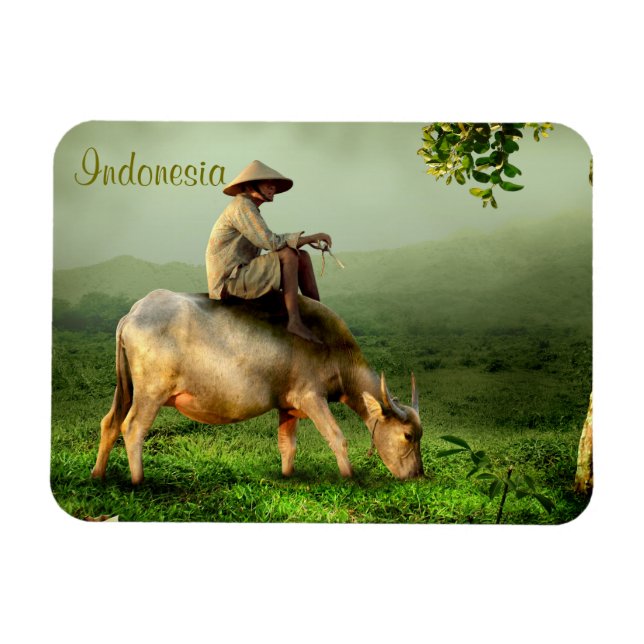 Indonesia Scenic landscape with Buffalo and Farmer Magnet (Horizontal)