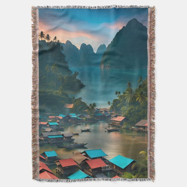 Indonesian Fishing Village  Throw Blanket (Front Vertical)