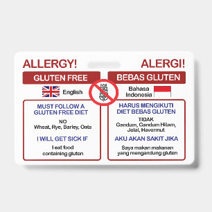 INDONESIAN Gluten Free Travel Card   Allergy Badge ID Badge