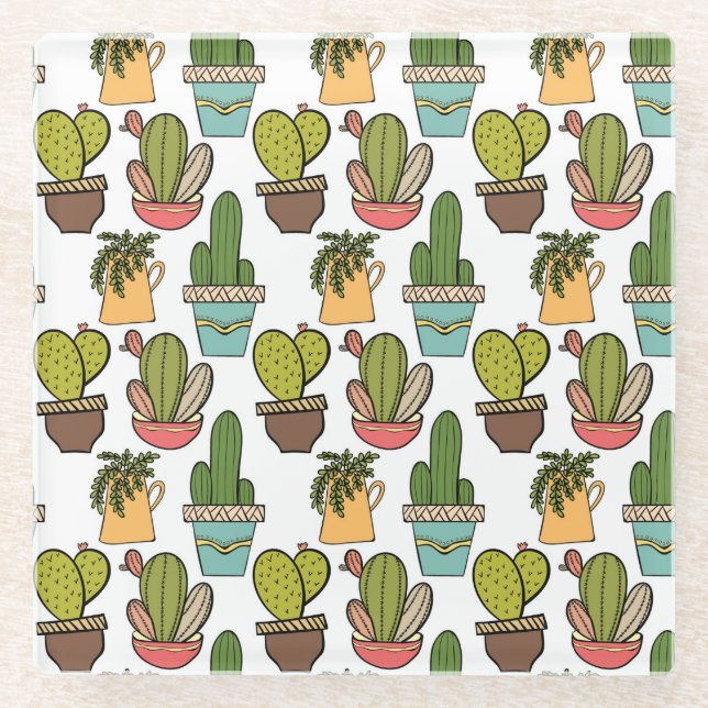 Indoor Cactus & Succulents In Pots Pattern Glass Coaster (Front)