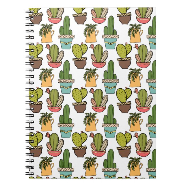 Indoor Cactus & Succulents In Pots Pattern Spiral Notebook (Front)