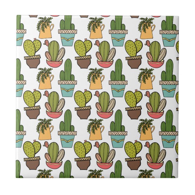 Indoor Cactus & Succulents In Pots Pattern Tile (Front)