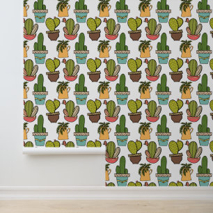 Indoor Cactus & Succulents In Pots Pattern Wallpaper
