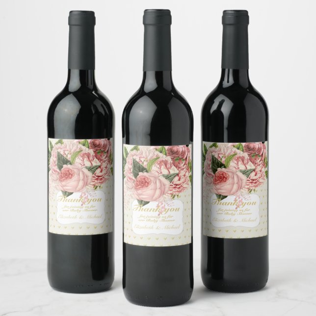 Indulgent Blush Pink Gold Rose Bouquet Baby Shower Wine Label (Bottles)
