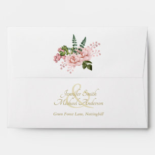 Indulgent Blush Pink Gold Roses Bouquet Wedding Envelope