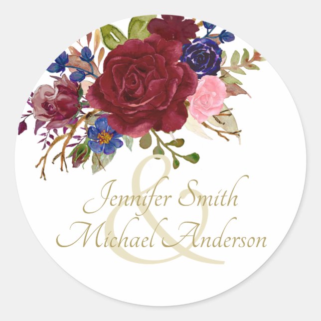 Indulgent Burgundy Royal Blue Pink Roses Wedding Classic Round Sticker (Front)