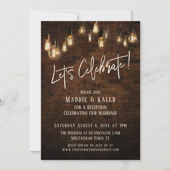 Industrial Brick Edison Lights Let's Celebrate Invitation (Front)