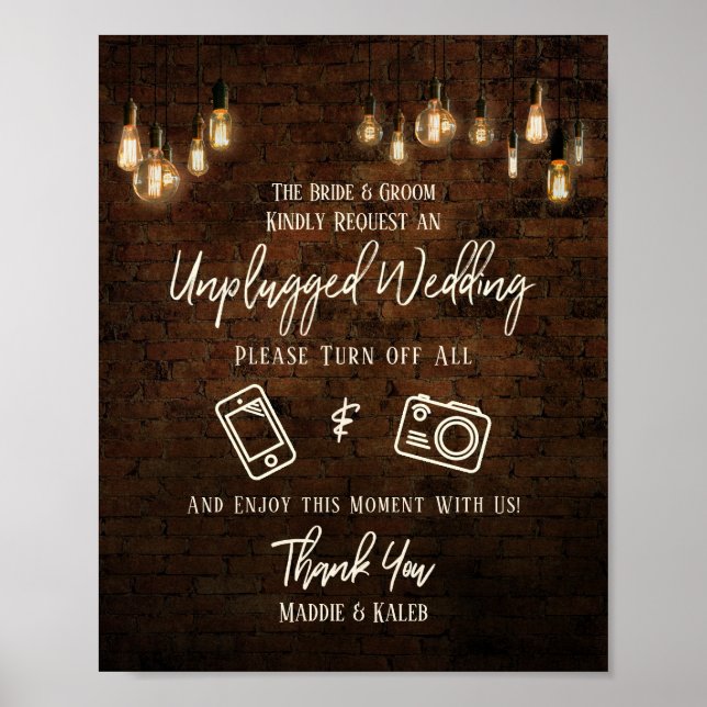 Industrial Brick Edison Lights Unplugged Wedding Poster (Front)