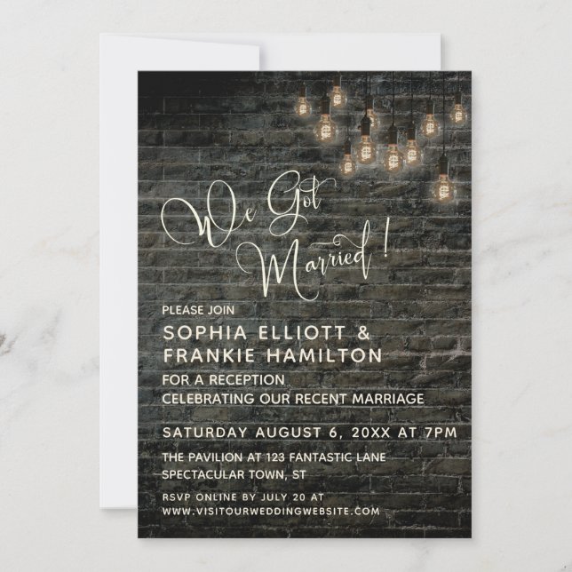 Industrial Brick Vintage Lights, We Got Married Invitation (Front)
