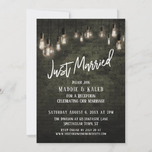 Industrial Brick with Edison Lights Just Married Invitation