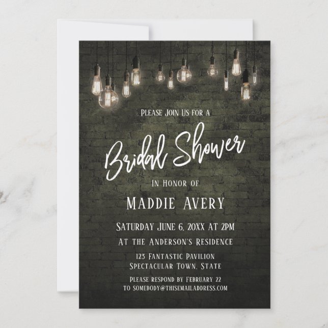 Industrial Bricks w/ Edison Lights Bridal Shower Invitation (Front)