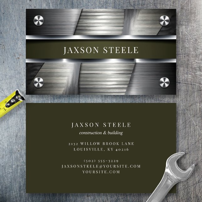 Industrial Brushed Metal and Olive Green Business Card (Creator Uploaded)