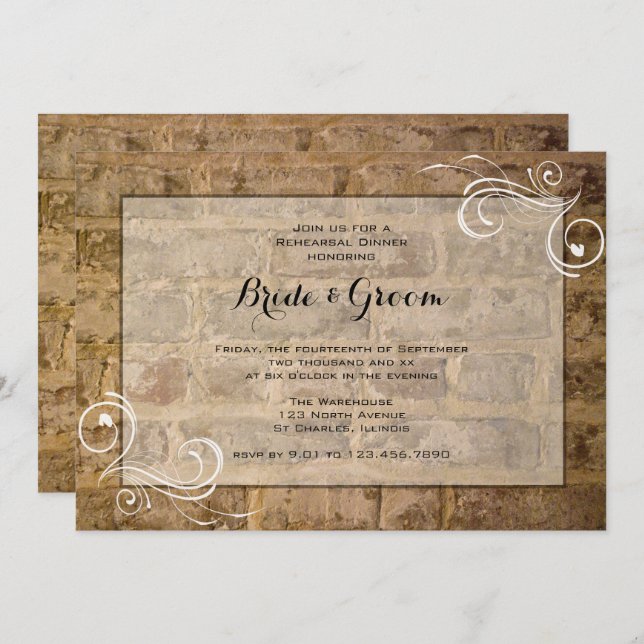 Industrial Chic Bricks Swirls Rehearsal Dinner Invitation (Front/Back)