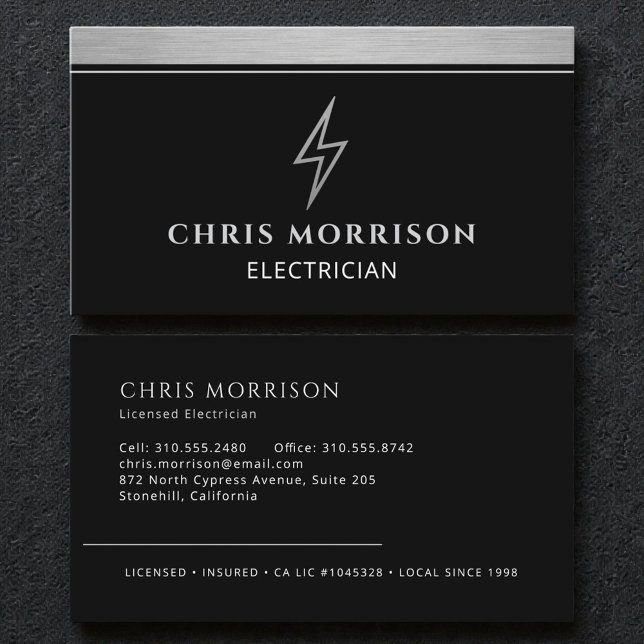 Industrial Electrician Metallic Silver Black Business Card (Creator Uploaded)