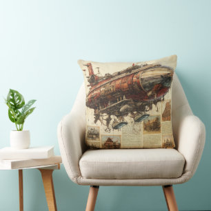 Industrial Fantasy Copper Zeppelin City Blueprint Cushion