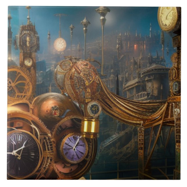 Industrial futuristic clock timepiece Ceramic Tile (Front)