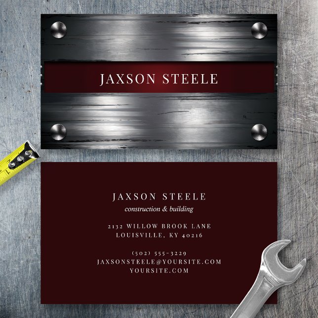 Industrial Metal and Burgundy Accent Business Card (Creator Uploaded)