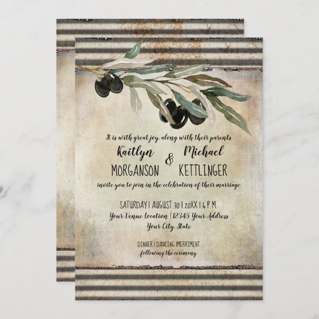 Industrial Olive Leaf Wreath Watercolor Typography Invitation (Front/Back)