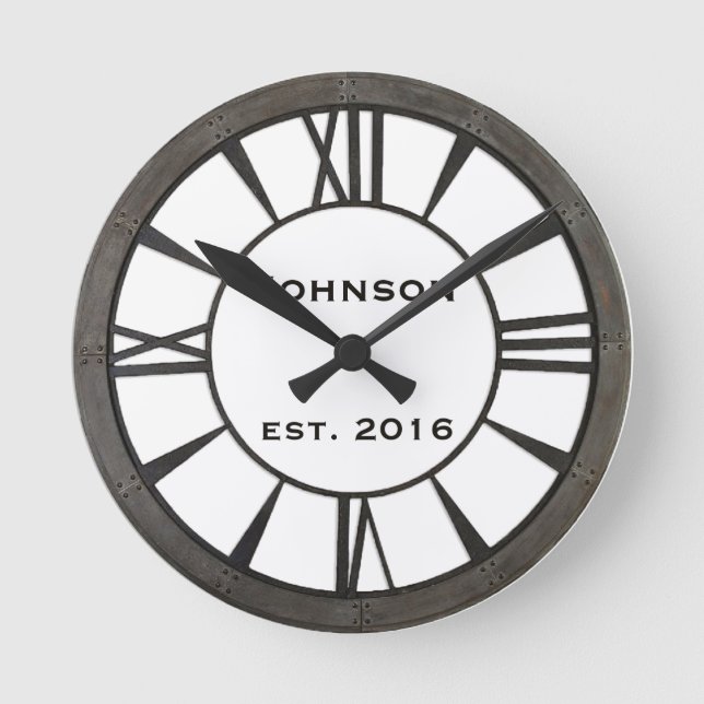 Industrial riveted metal-look custom design round clock (Front)