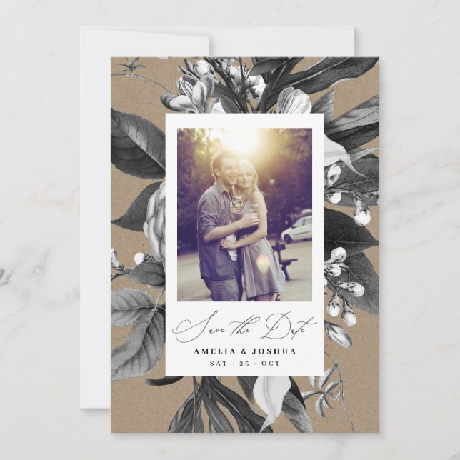 Industrial Rustic Chic Floral Wedding Photo Kraft Save The Date (Front)