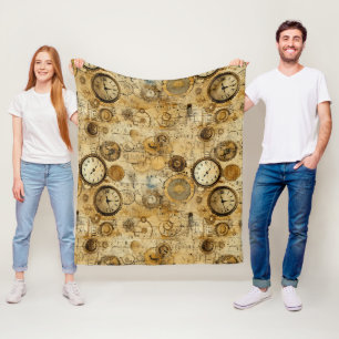 Industrial Steampunk Timepiece Sepia Brass Fleece Blanket