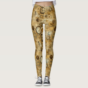 Industrial Steampunk Timepiece Sepia Brass Leggings