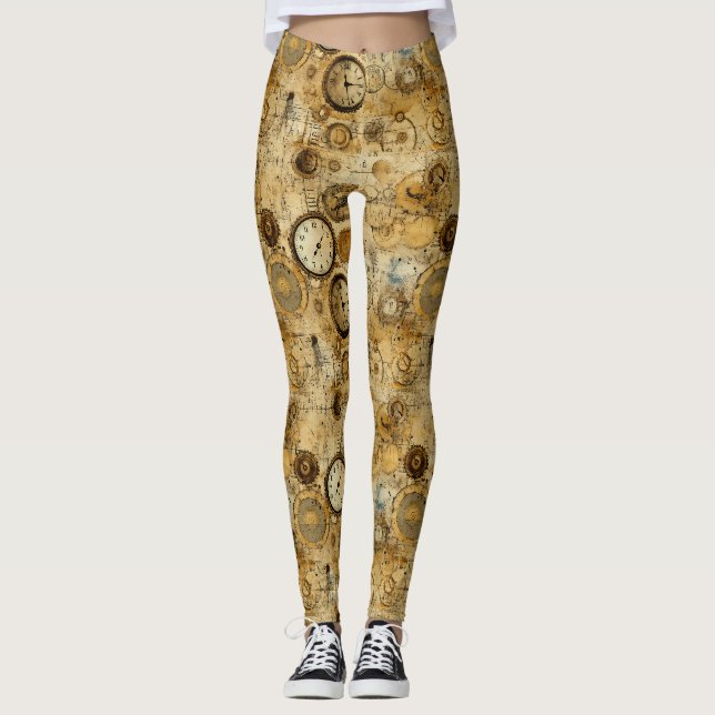 Industrial Steampunk Timepiece Sepia Brass Leggings (Front)