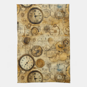 Industrial Steampunk Timepiece Sepia Brass Tea Towel