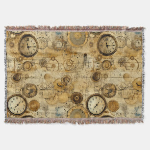 Industrial Steampunk Timepiece Sepia Brass Throw Blanket