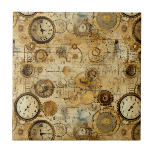 Industrial Steampunk Timepiece Sepia Brass Tile