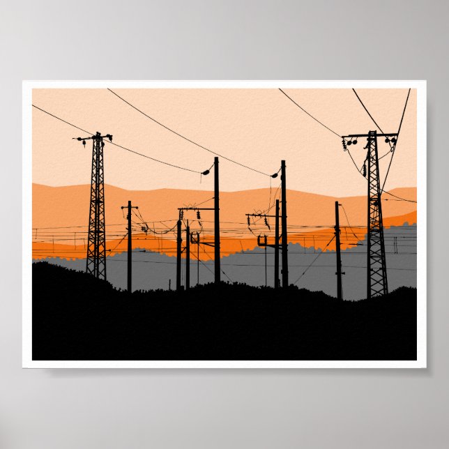  Industrial Sunset Silhouette Power Lines  Poster (Front)