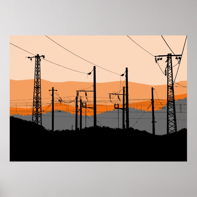  Industrial Sunset Silhouette Power Lines  Poster (Front)