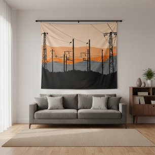 Industrial Sunset Silhouette Power Lines Tapestry