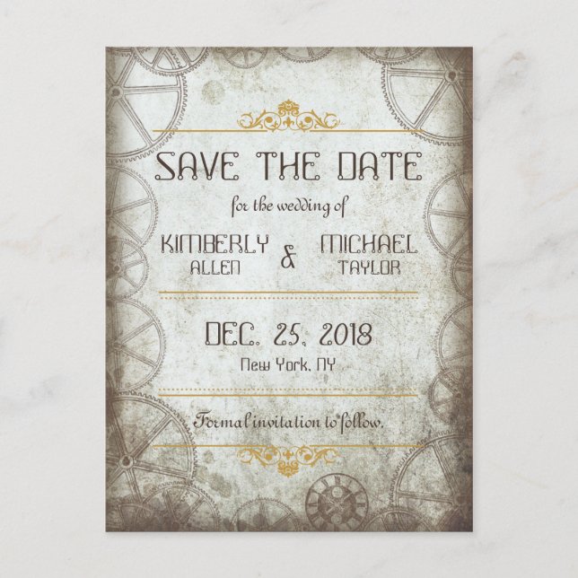 Industrial Vintage Steampunk Wedding Announcement Postcard (Front)