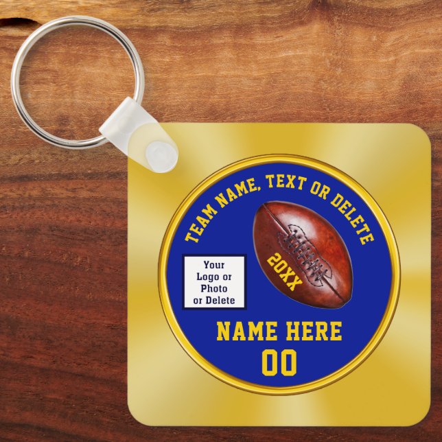 Inexpensive, Football Team Gifts. Blue and Gold Key Ring (Front)