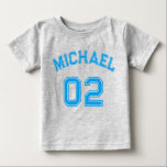 Infant Boy Blue Name Jersey Number Sports Cotton Baby T-Shirt<br><div class="desc">Create your own custom, personalised, cool, unisex sizing, modern, stylish dark blue typography / font / script, monogrammed player name jersey number classy grey, 100% combed ring spun fine jersey soft cotton t-shirt tee shirt. Simply type in your name / kids name / player name and player jersey number, to...</div>