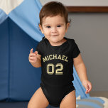 Infant Boy Girl Name Jersey Number Sports Cotton Baby Bodysuit<br><div class="desc">Create your own custom, personalised, cool, unisex sizing, modern, stylish faux gold typography / font / script, monogrammed player name jersey number classy black, 100% combed ring spun cotton super soft one-piece / bodysuit / infant creeper, with EasyTear™ label, a neckband that is designed for easy on-and-off, and reinforced three-snap...</div>