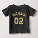 Infant Boy Girl Name Jersey Number Sports Cotton Baby T-Shirt<br><div class="desc">Create your own custom, personalised, cool, unisex sizing, modern, stylish faux gold typography / font / script, monogrammed player name jersey number classy black, 100% combed ring spun fine jersey soft cotton t-shirt tee shirt. Simply type in your name / kids name / player name and player jersey number, to...</div>