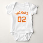 Infant Boy Girl Orange Name Jersey Number Sports Baby Bodysuit<br><div class="desc">Create your own custom, personalised, cool, unisex sizing, modern, stylish orange typography / font / script, monogrammed player name jersey number classy white, 100% combed ring spun cotton super soft one-piece / bodysuit / infant creeper, with EasyTear™ label, a neckband that is designed for easy on-and-off, and reinforced three-snap closure...</div>