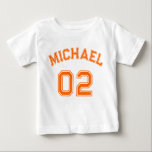 Infant Boy Girl Orange Name Jersey Number Sports Baby T-Shirt<br><div class="desc">Create your own custom, personalised, cool, unisex sizing, modern, stylish orange typography / font / script, monogrammed player name jersey number classy white, 100% combed ring spun fine jersey soft cotton t-shirt tee shirt. Simply type in your name / kids name / player name and player jersey number, to customise....</div>