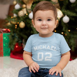 Infant Boy Name Jersey Number Sports Soft Cotton Baby T-Shirt<br><div class="desc">Create your own custom, personalised, cool, unisex sizing, modern, stylish white typography / font / script, monogrammed player name jersey number classy baby blue, 100% combed ring spun fine jersey soft cotton t-shirt tee shirt. Simply type in your name / kids name / player name and player jersey number, to...</div>