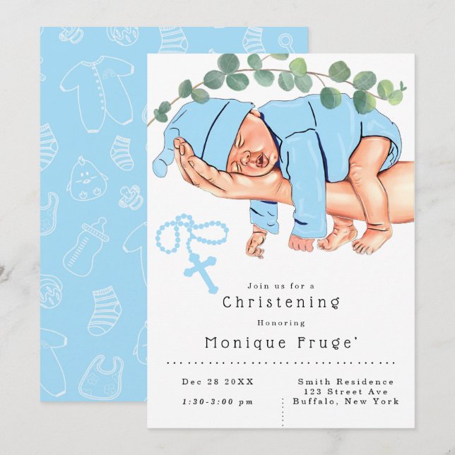 Infant Boy on Mummy Arms Rosary Blue Christening Invitation (Front/Back)
