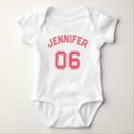 Infant Girl Name Jersey Number Sports Soft Cotton Baby Bodysuit<br><div class="desc">Create your own custom, personalised, cool, unisex sizing, modern, stylish dark pink typography / font / script, monogrammed player name jersey number classy white, 100% combed ring spun cotton super soft one-piece / bodysuit / infant creeper, with EasyTear™ label, a neckband that is designed for easy on-and-off, and reinforced three-snap...</div>