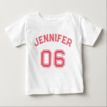 Infant Girl Pink Name Jersey Number Sports Cotton Baby T-Shirt<br><div class="desc">Create your own custom, personalised, cool, unisex sizing, modern, stylish pink typography / font / script, monogrammed player name jersey number classy white, 100% combed ring spun fine jersey soft cotton t-shirt tee shirt. Simply type in your name / kids name / player name and player jersey number, to customise....</div>