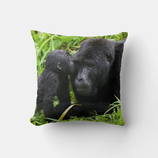 Infant Mountain Gorilla Kisses Silverback Gorilla Cushion (Front)