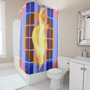 Inferno Grid: Fiery Abstract Shower Curtain