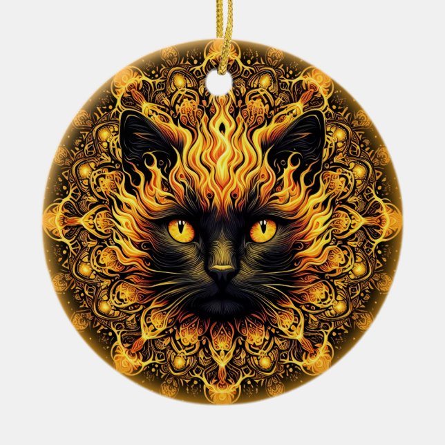 Inferno Kitty Mandala Ceramic Tree Decoration (Front)