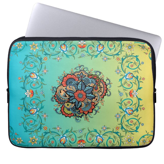 Infinite Splendour – Green Mehndi Floral Design Laptop Sleeve (Front)